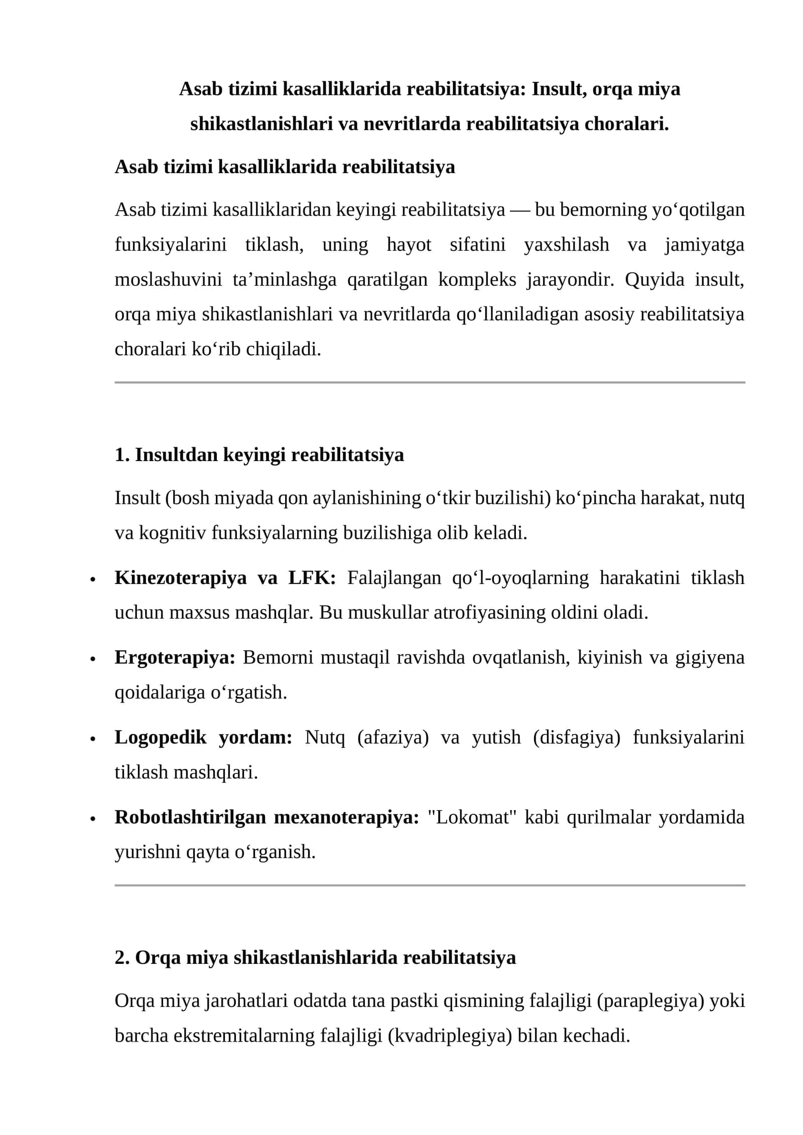 Asab tizimi kasalliklarida reabilitatsiya