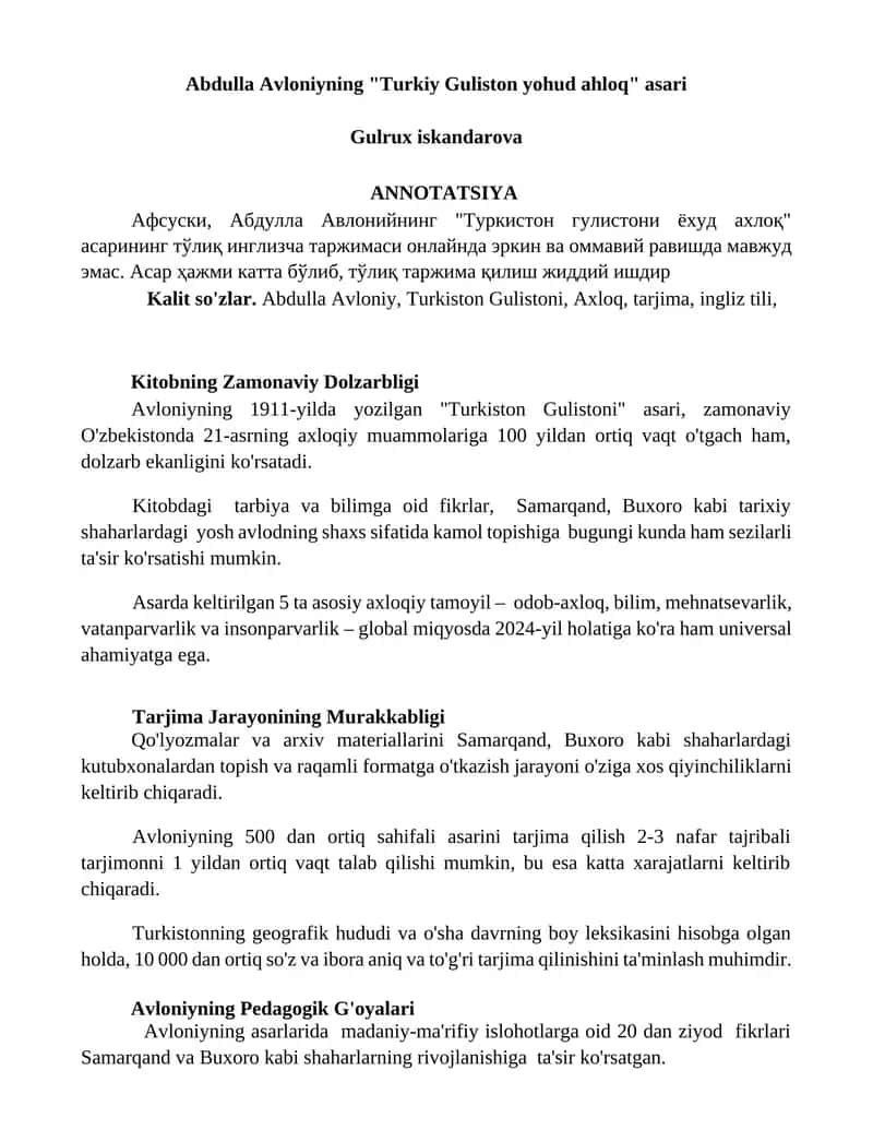 "Turkiston Gulistoni yohud ahloq"