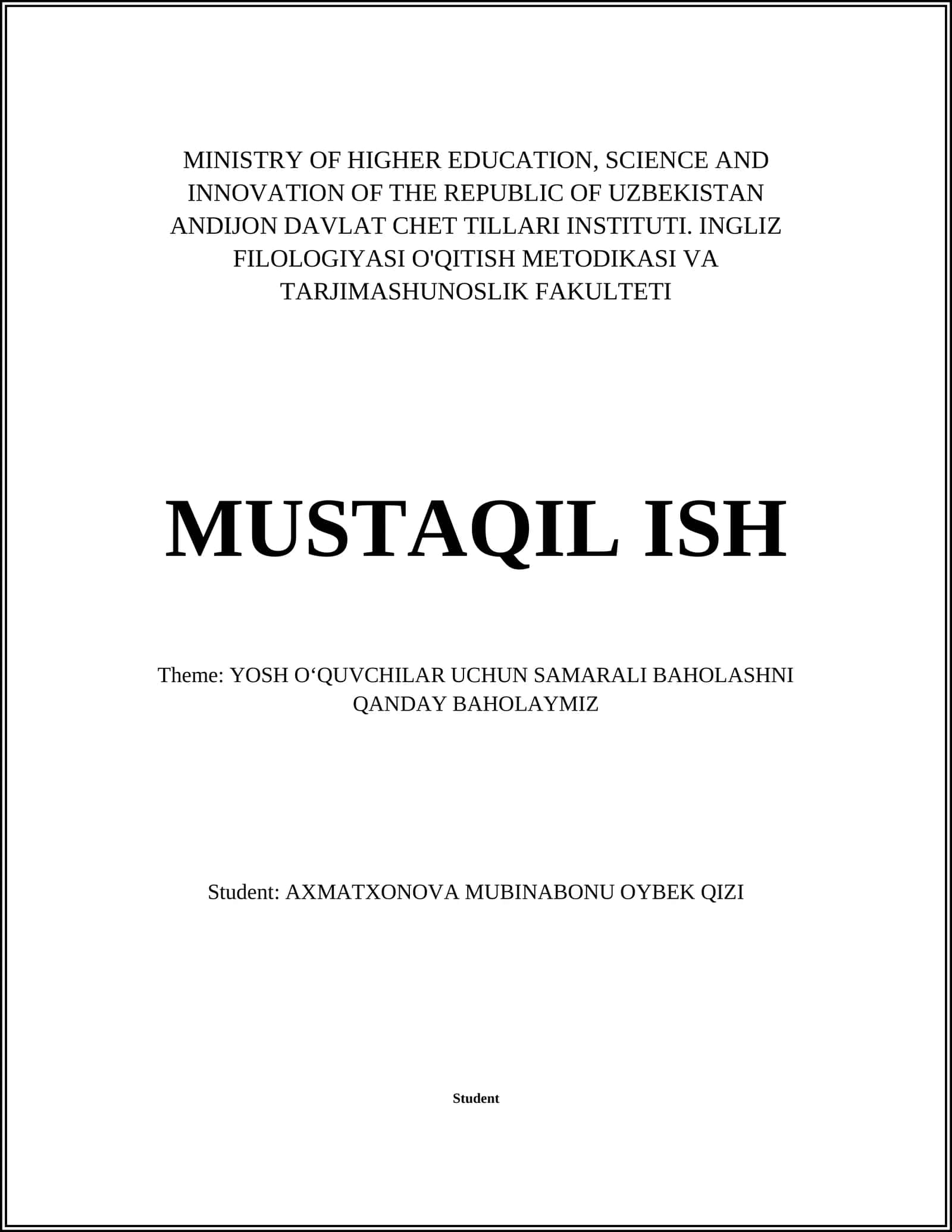INGLIZ FILOLOGIYASI O'QITISH METODIKASI VA TARJIMASHUNOSLIK FAKULTETI