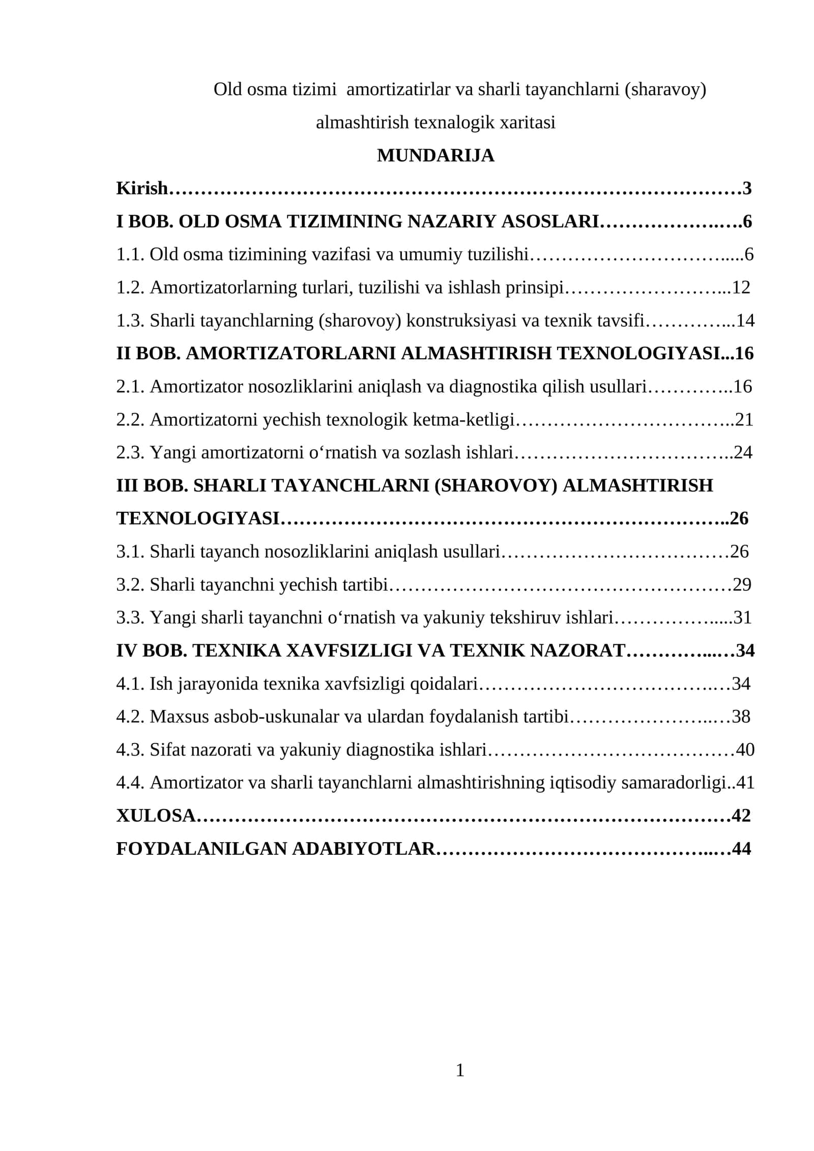 Old osma tizimi amortizatirlar va sharli tayanchlarni (sharavoy) almashtirish texnalogik xaritasi