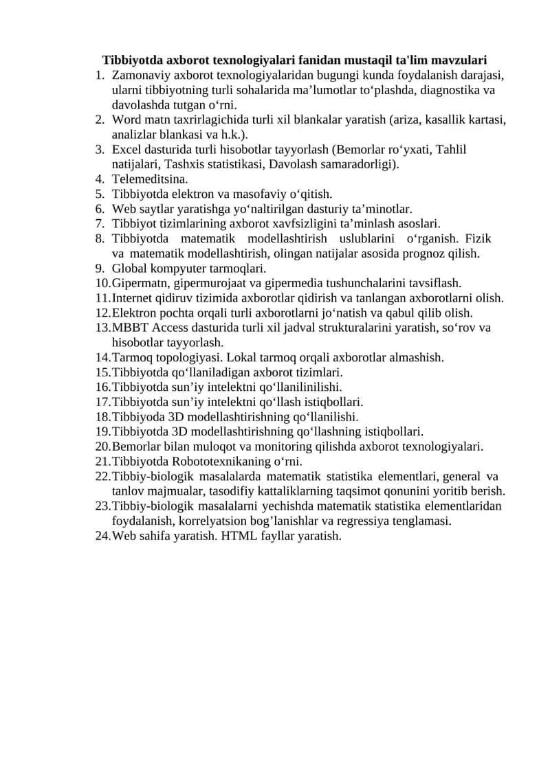 Tibbiyotda axborot texnologiyalari fanidan mustaqil ta'lim mavzulari