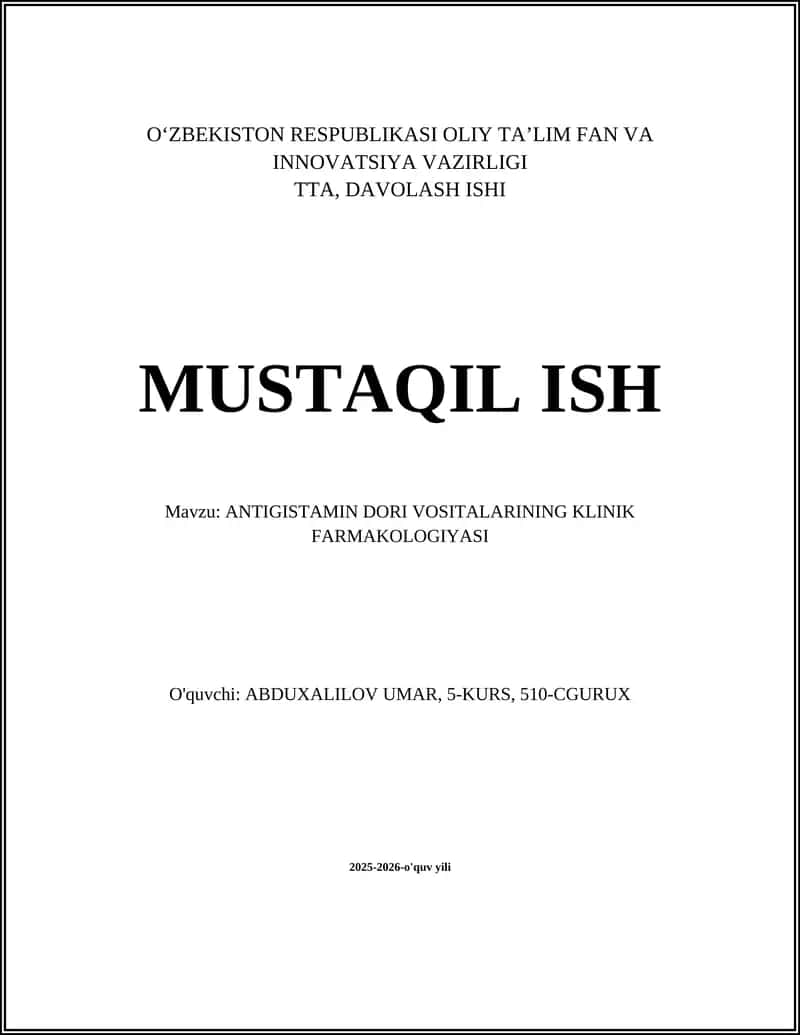 ANTIGISTAMIN DORI VOSITALARINING KLINIK FARMAKOLOGIYASI