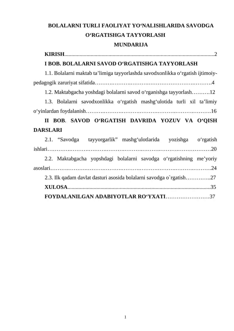 Bolalarni TURLI FAOLIYAT YO‘NALISHLARIDA SAVODGA O‘RGATISHGA TAYYORLASH