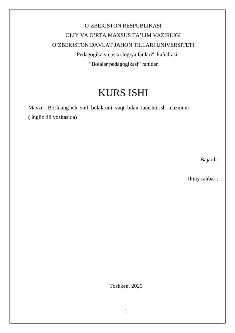 Boshlang’ich sinf bolalarini vaqt bilan tanishtirish mazmuni ( ingliz tili vositasida)