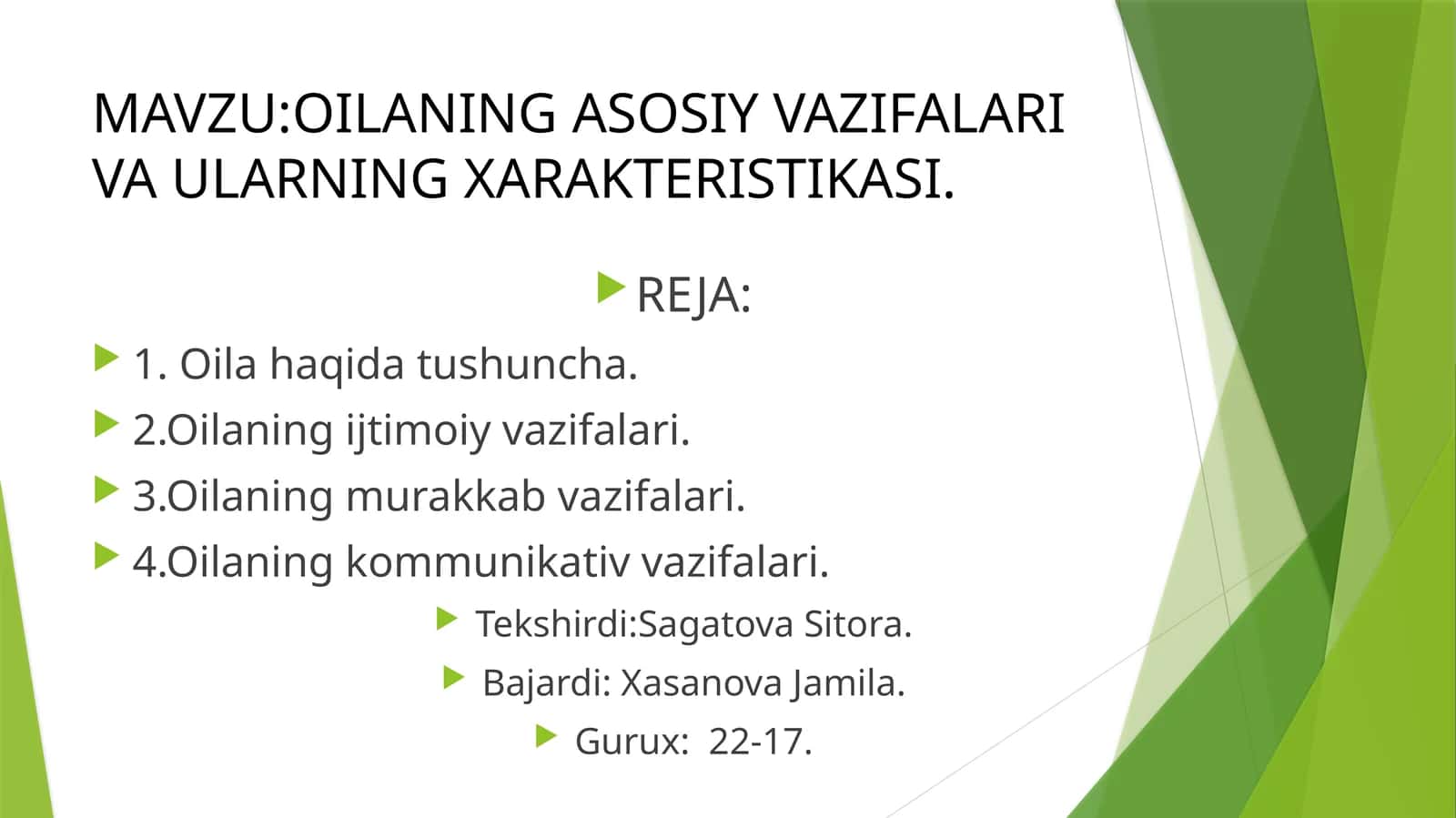 OILANING ASOSIY VAZIFALARI VA ULARNING XARAKTERISTIKASI