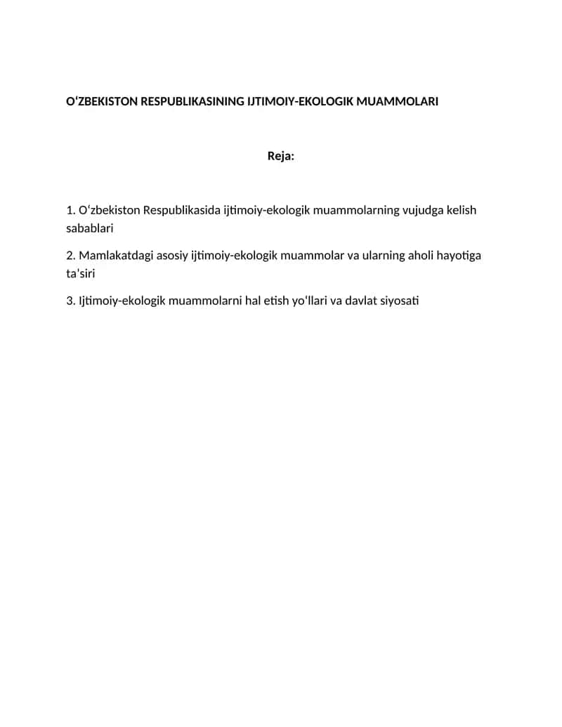 O‘zbekiston Respublikasining Ijtimoiy-Ekologik Muammolari