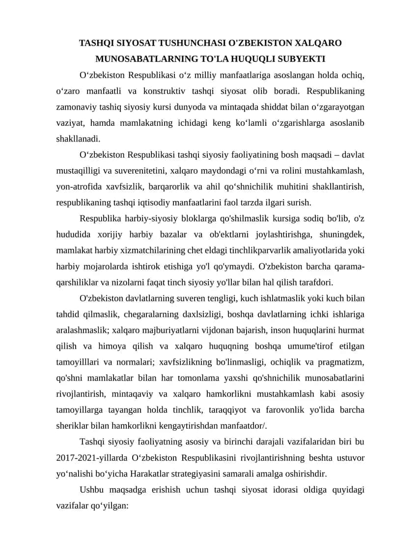 TASHQI SIYOSAT TUSHUNCHASI O'ZBEKISTON XALQARO MUNOSABATLARNING TO'LA HUQUQLI SUBYEKTI