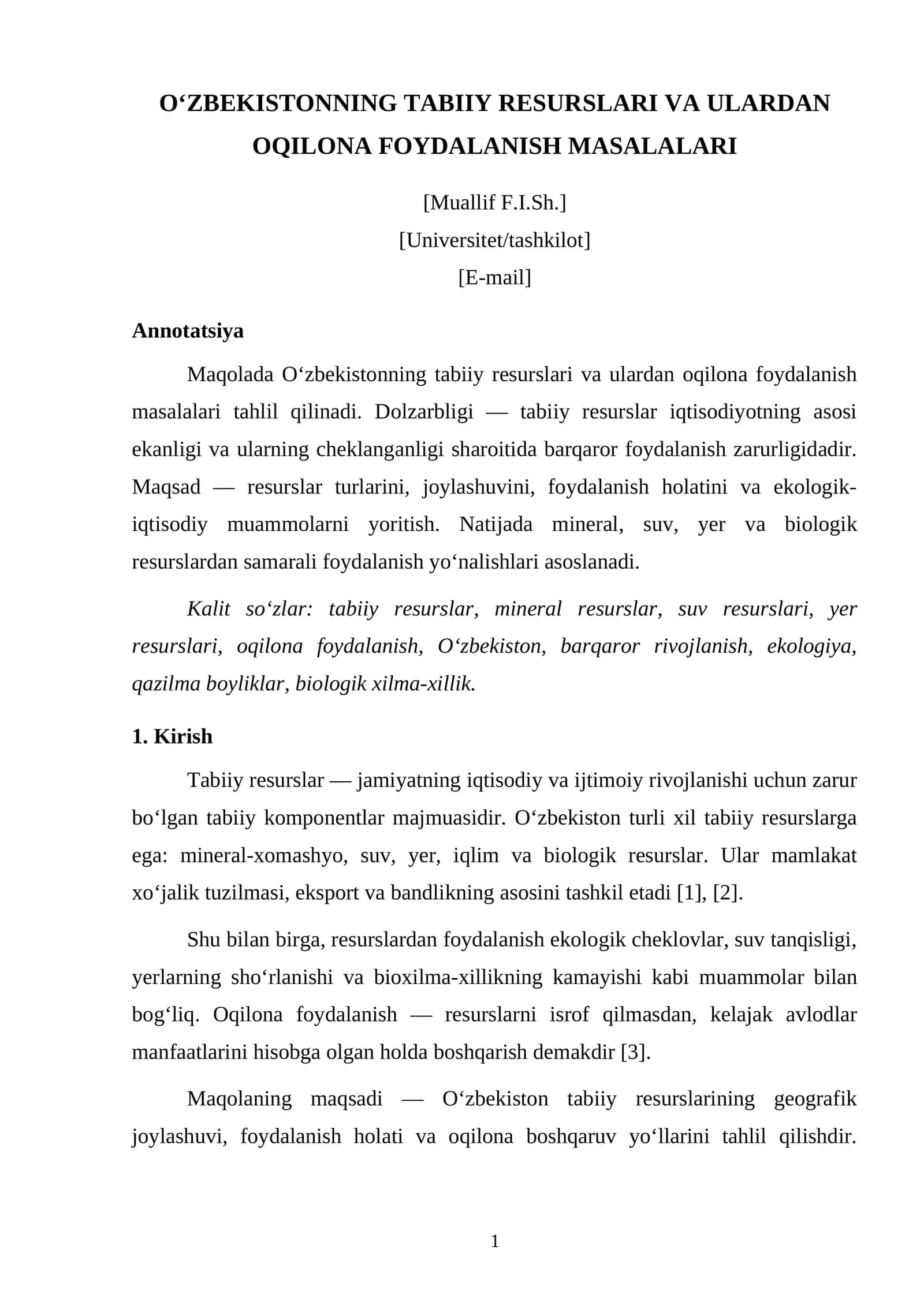 O‘ZBEKISTONNING TABIIY RESURSLARI VA ULARDAN OQILONA FOYDALANISH MASALALARI