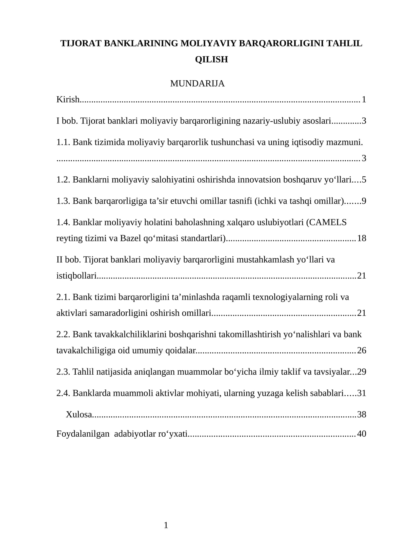 TIJORAT BANKLARINING MOLIYAVIY BARQARORLIGINI TAHLIL QILISH