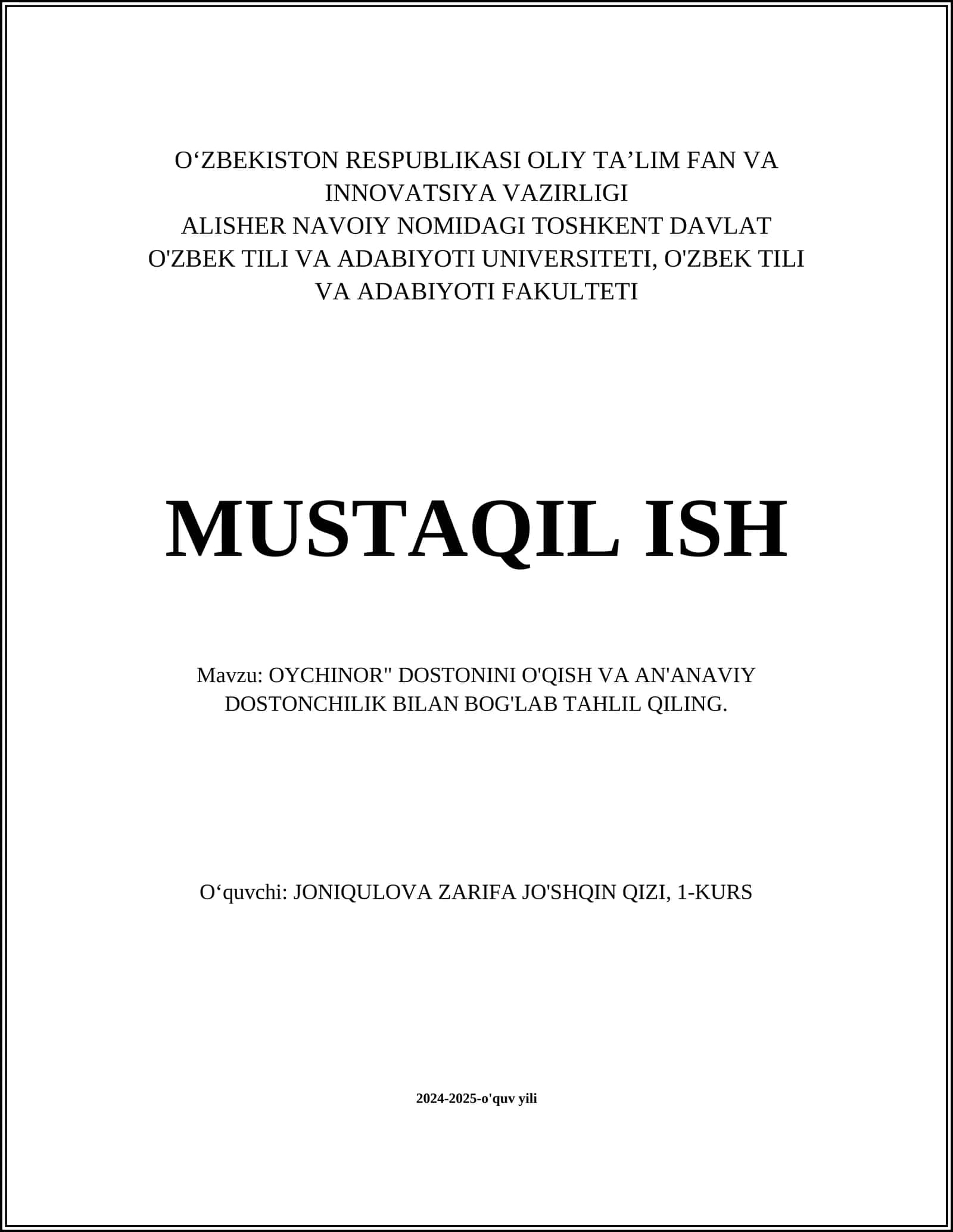 OYCHINOR DOSTONINI O'QISH VA AN'ANAVIY DOSTONCHILIK BILAN BOG'LAB TAHLIL QILING