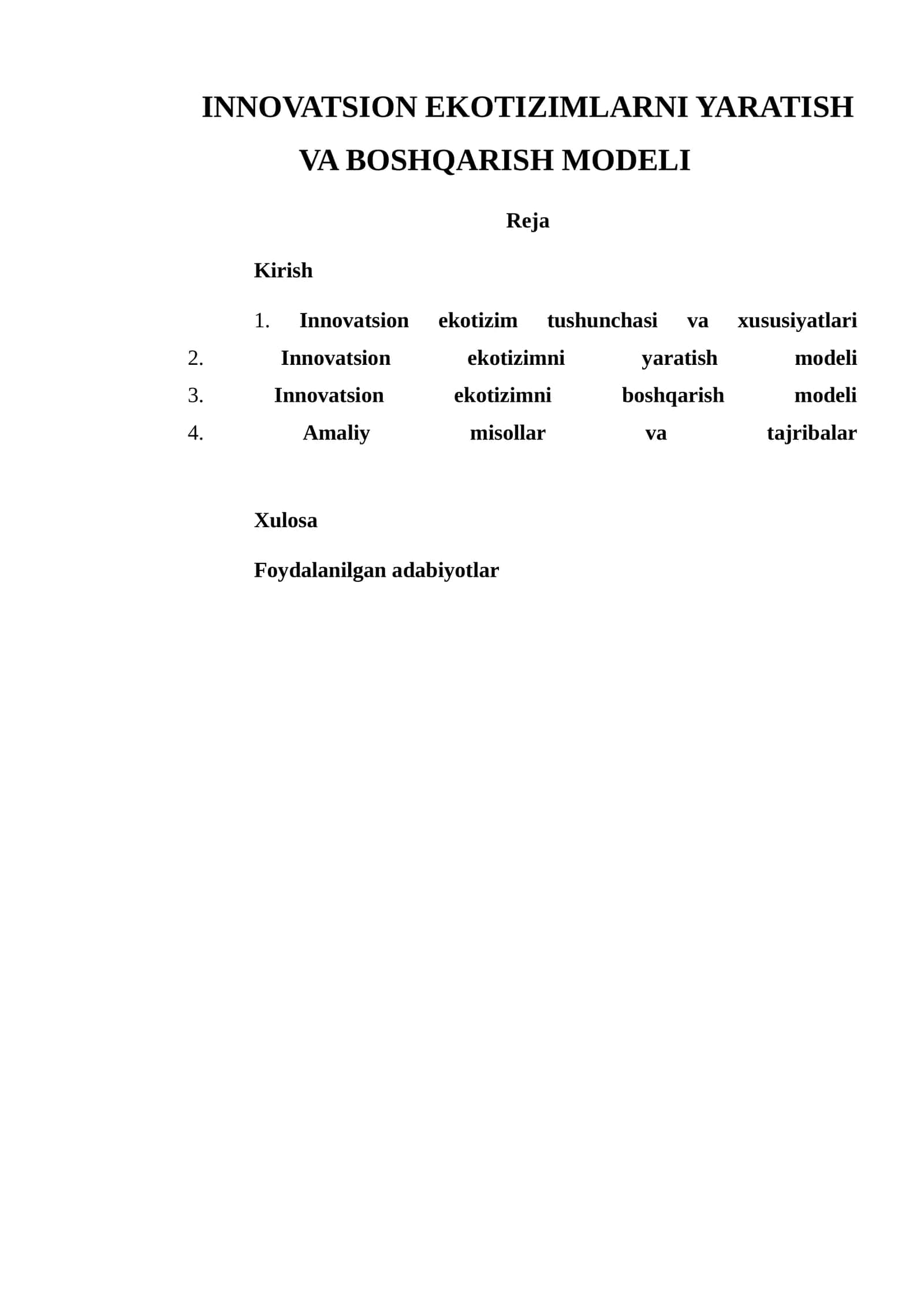 INNOVATSION EKOTIZIMLARNI YARATISH VA BOSHQARISH MODELI
