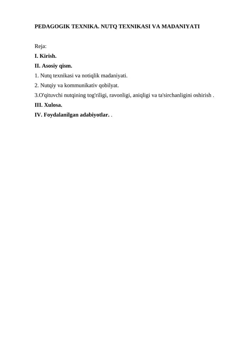 PEDAGOGIK TEXNIKA. NUTQ TEXNIKASI VA MADANIYATI
