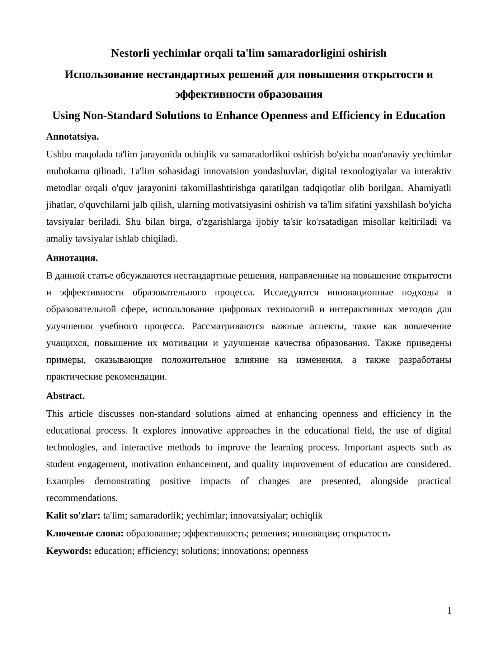 Nestorli yechimlar orqali ta'lim samaradorligini oshirish