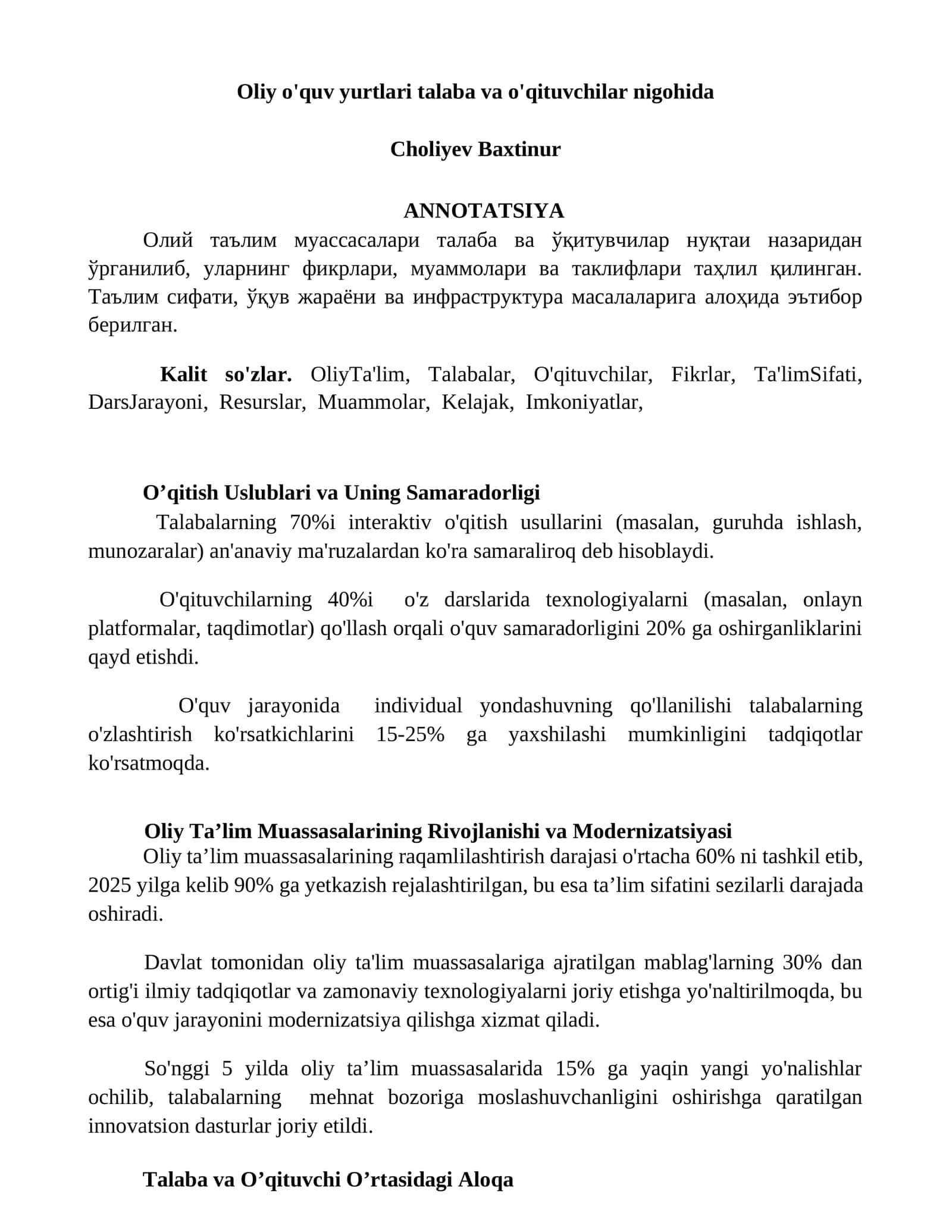 Oliy Ta'lim Muassasalarining Rivojlanishi va Modernizatsiyasi