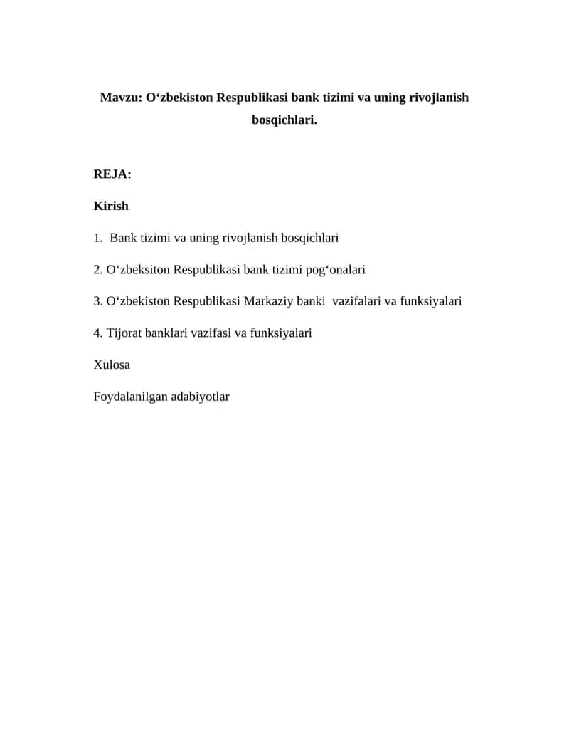 O‘zbekiston Respublikasi bank tizimi va uning rivojlanish bosqichlari