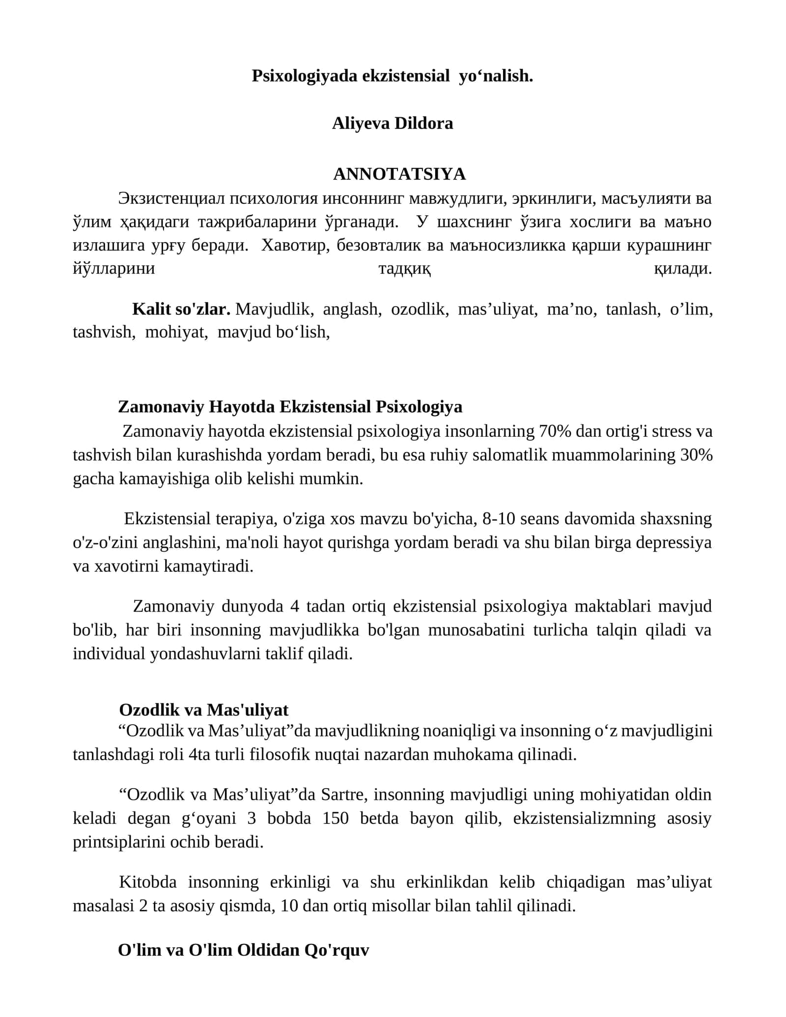 Psixologiyada ekzistensial yoʻnalish