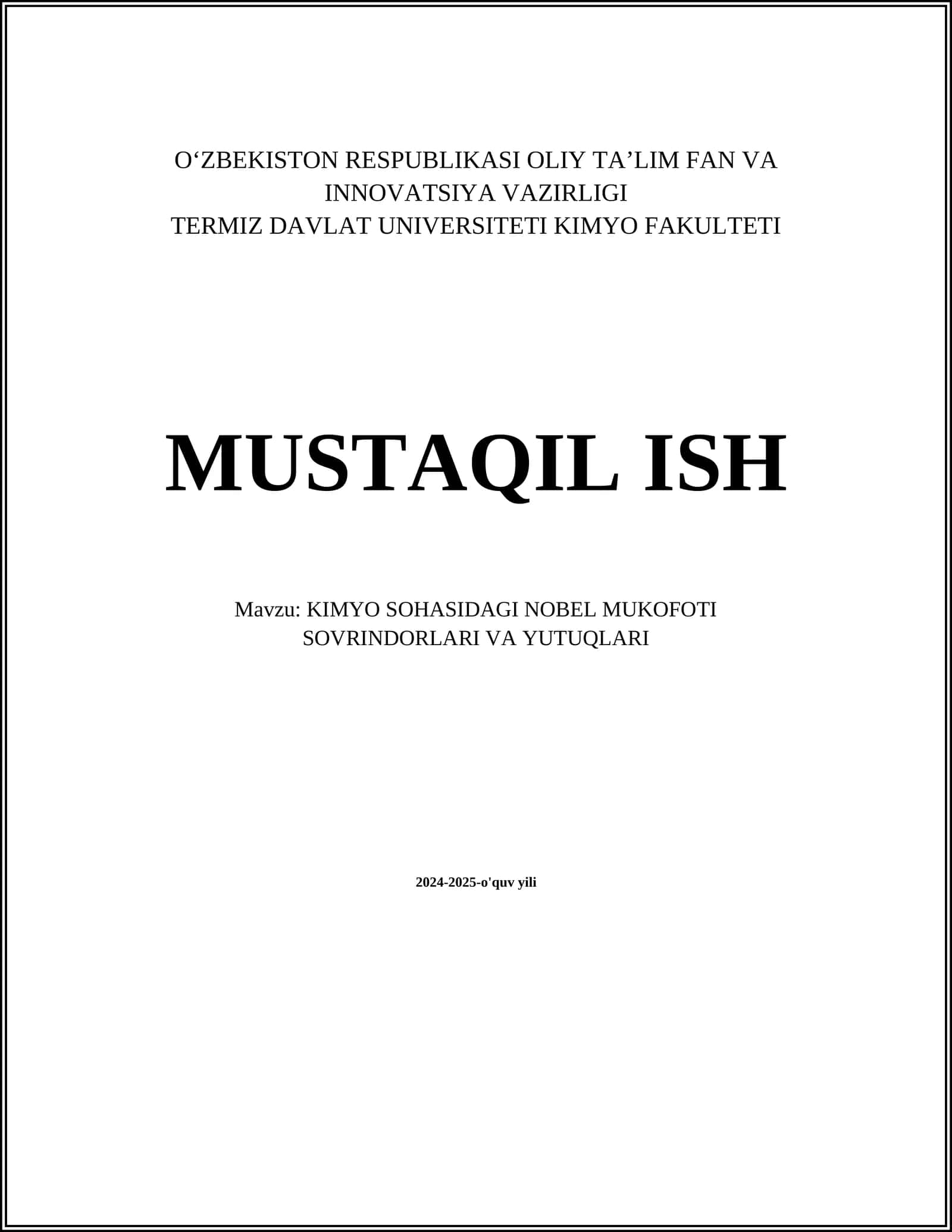 KIMYO SOHASIDAGI NOBEL MUKOFOTI SOVRINDORLARI VA YUTUQLARI