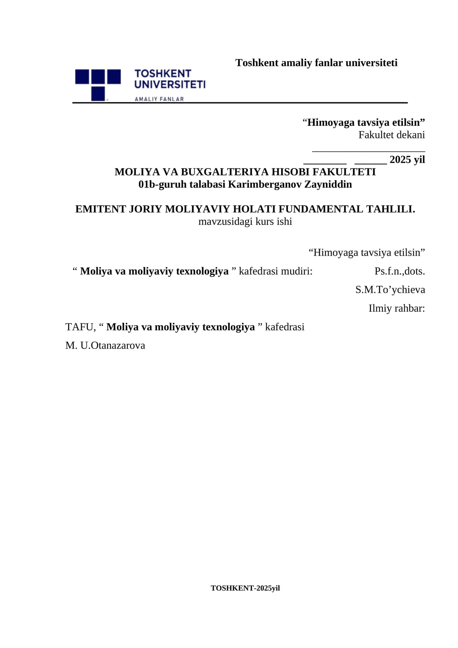MOLIYA VA BUXGALTERIYA HISOBI FAKULTETI