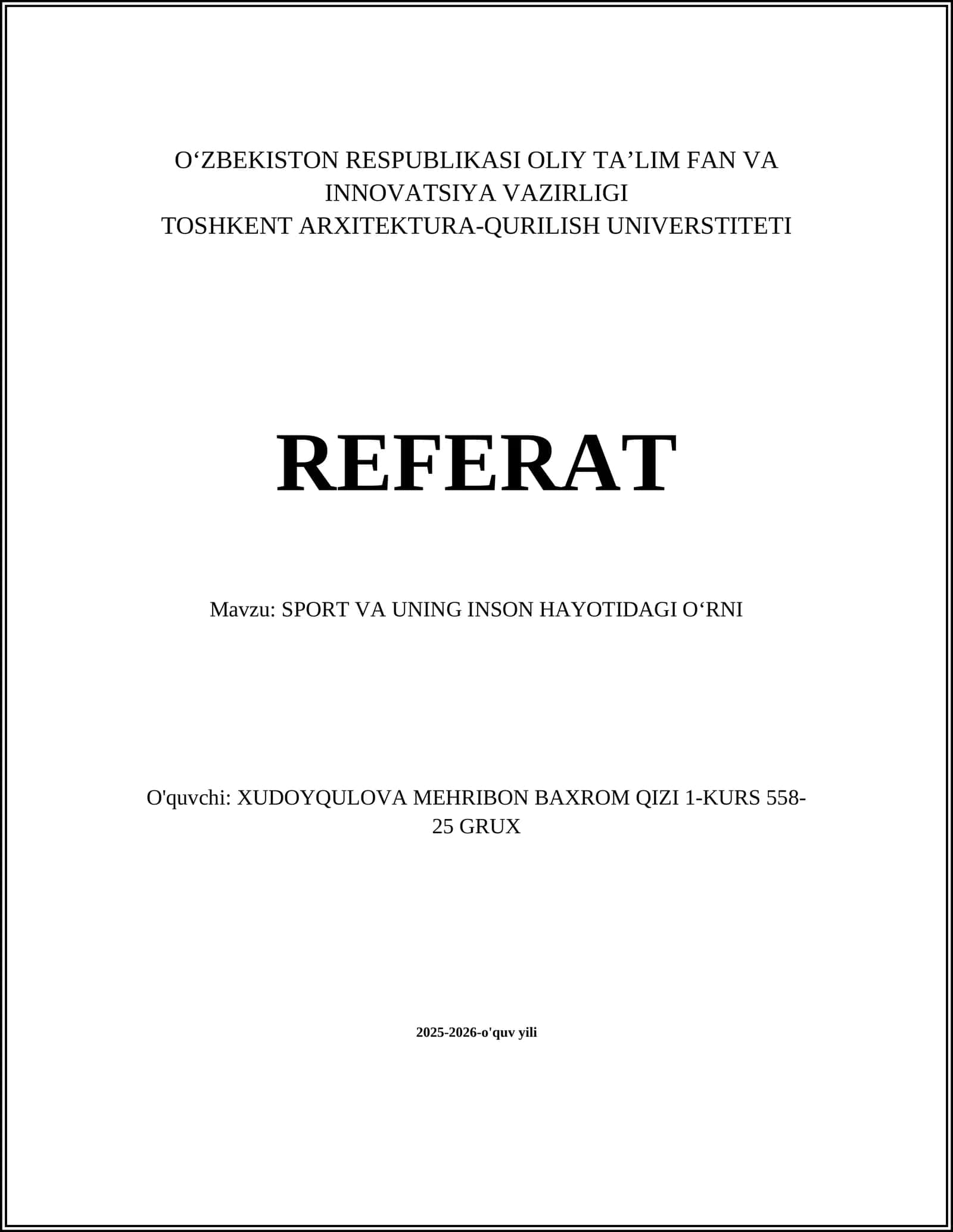 SPORT VA UNING INSON HAYOTIDAGI O‘RNI