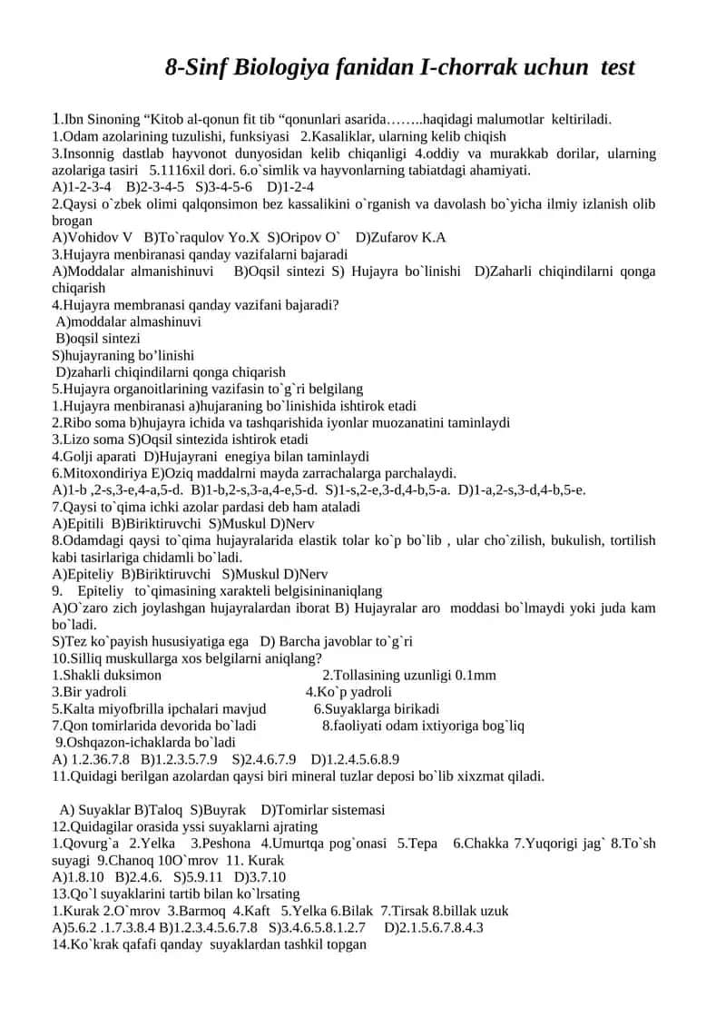8-Sinf Biologiya fanidan I-chorrak uchun test