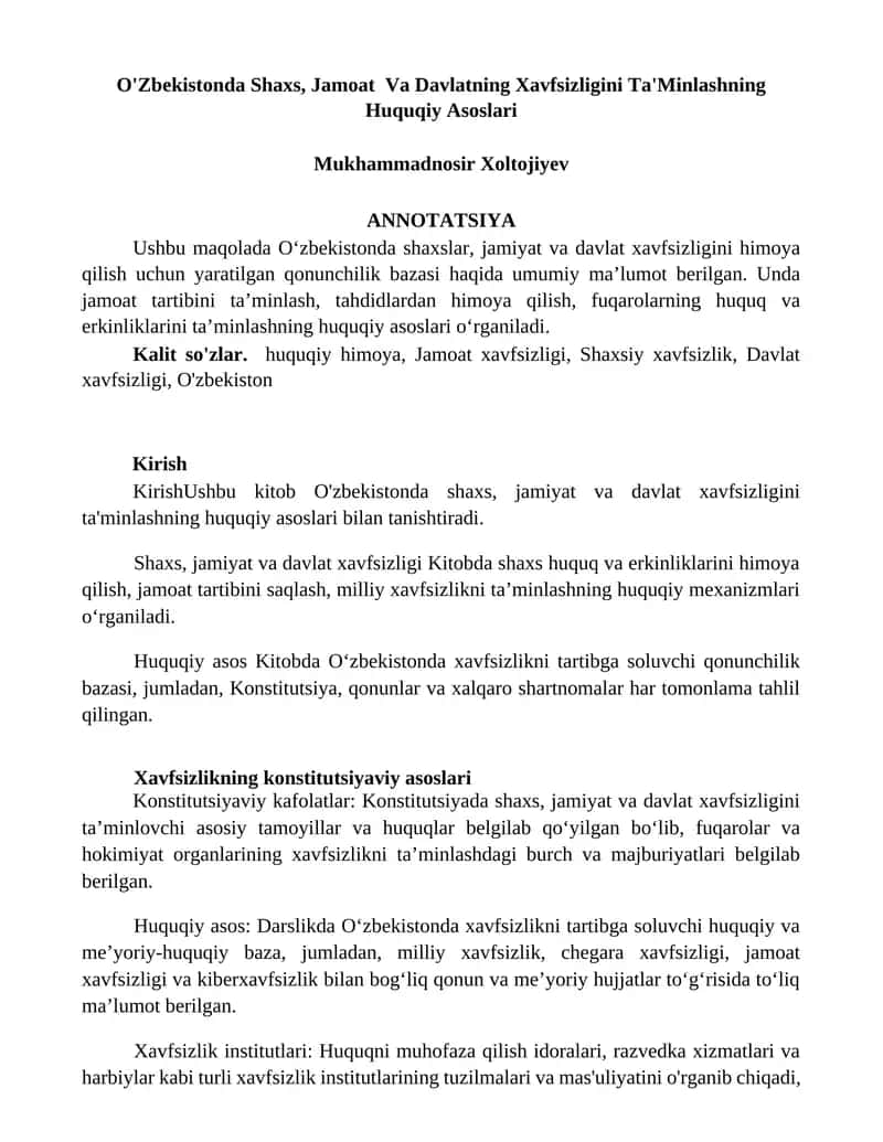 O'Zbekistonda Shaxs, Jamoat Va Davlatning Xavfsizligini Ta'Minlashning Huquqiy Asoslari
