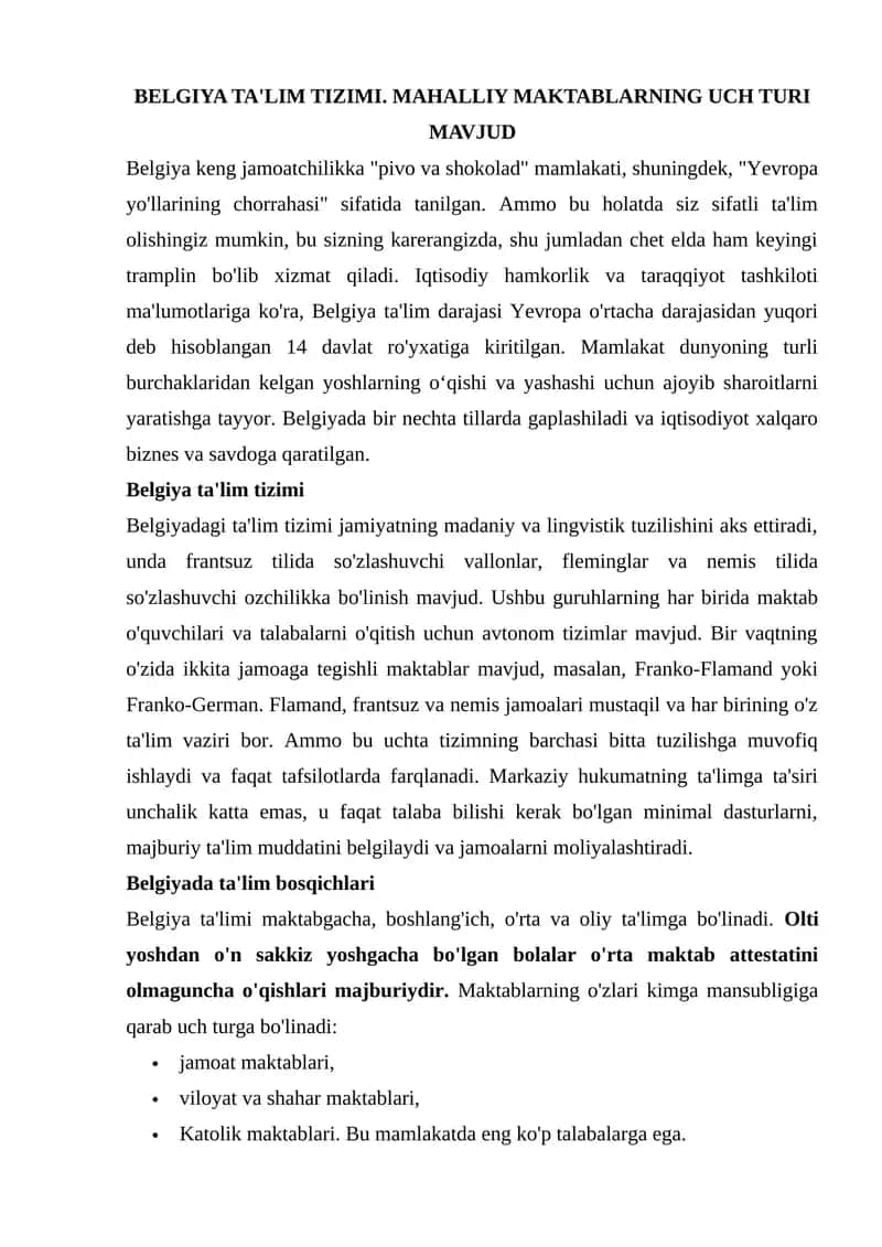 BELGIYA TA'LIM TIZIMI