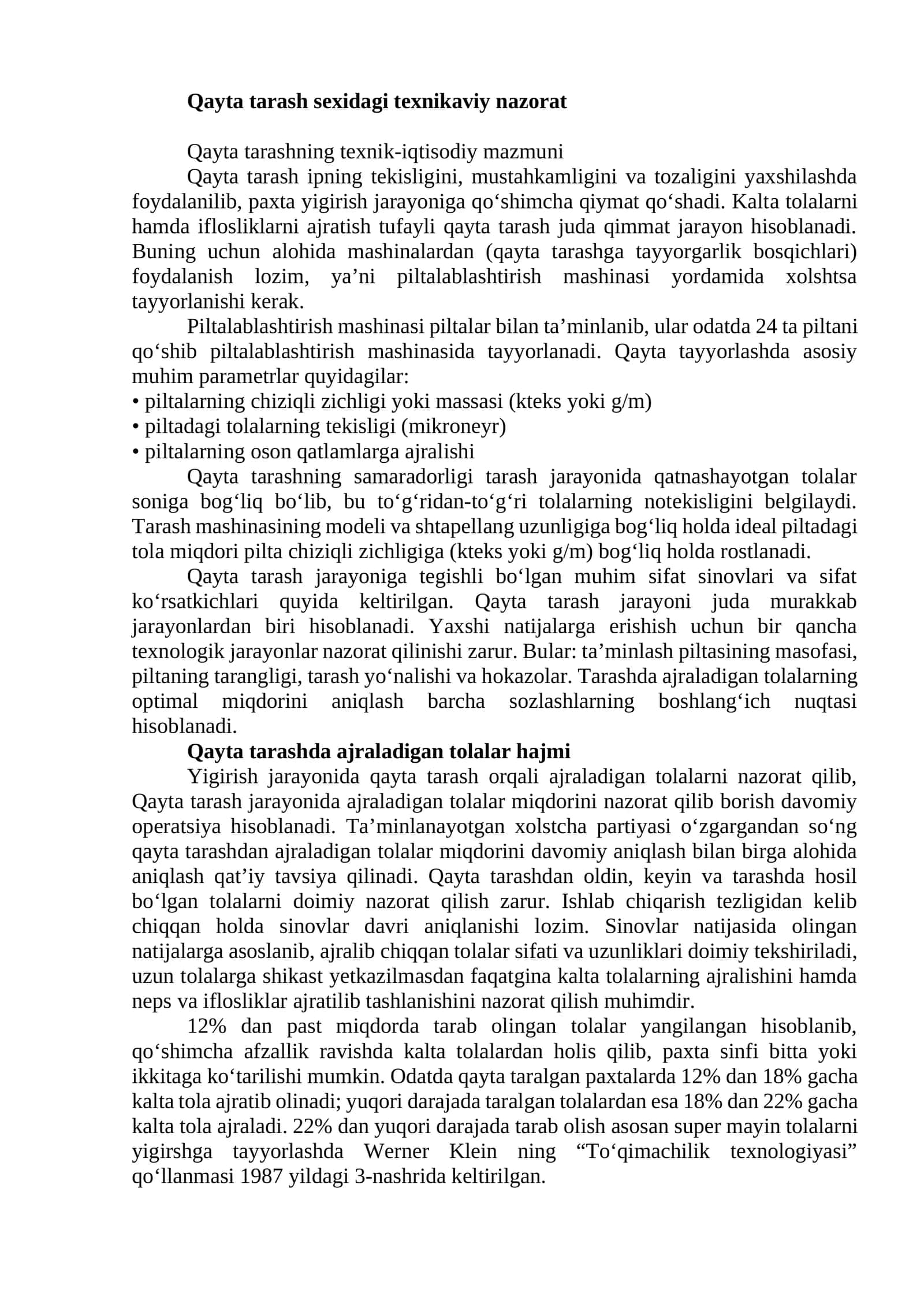 Qayta tarash sexidagi texnikaviy nazorat