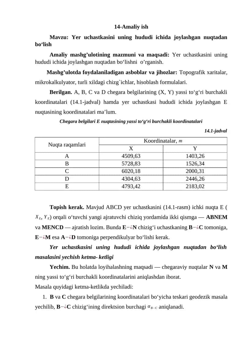 Yer uchastkasini uning hududi ichida joylashgan nuqtadan bo‘lish