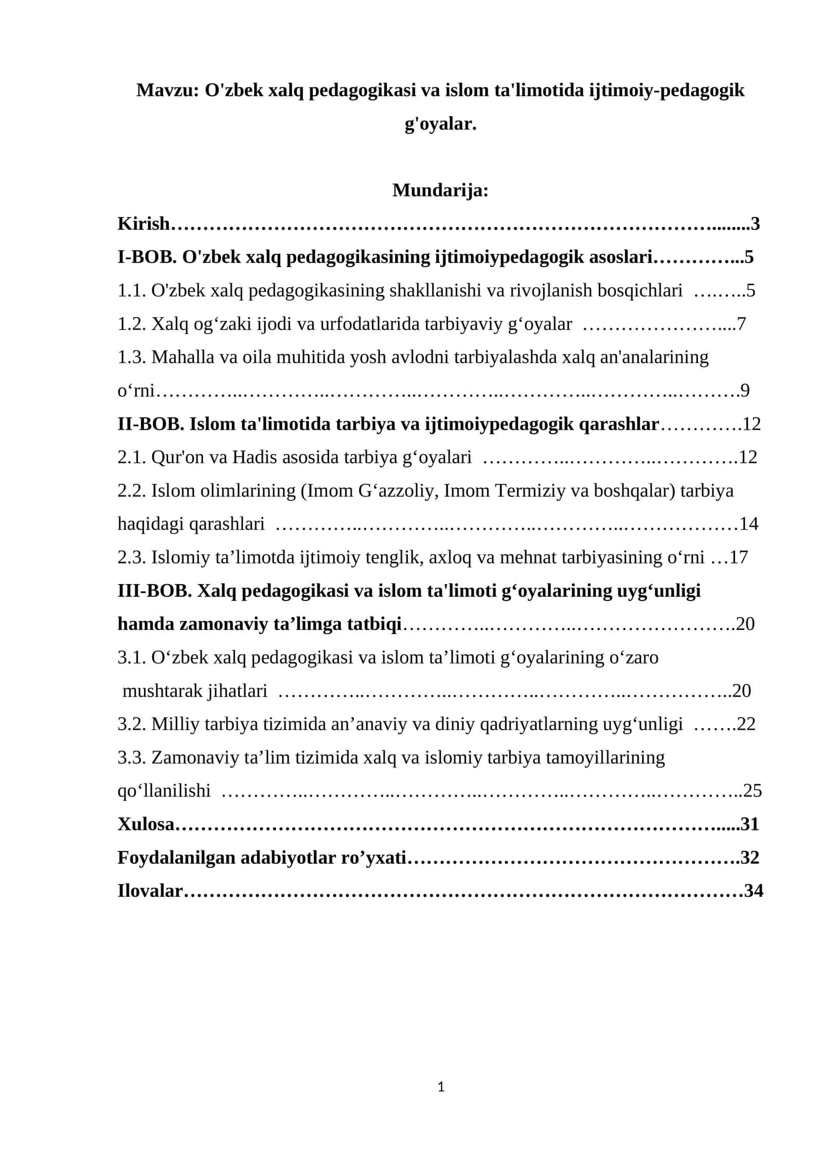 O'zbek xalq pedagogikasi va islom ta'limotida ijtimoiy-pedagogik g'oyalar.