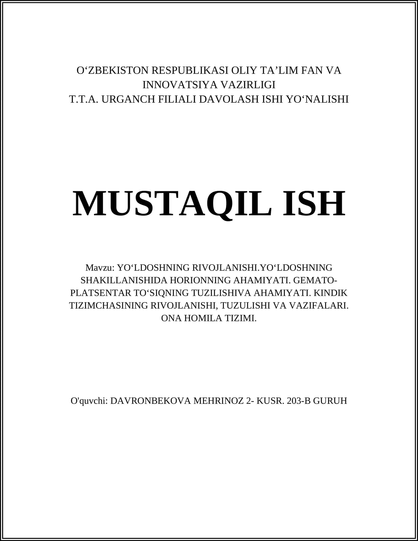 YOʻLDOSHNING RIVOJLANISHI