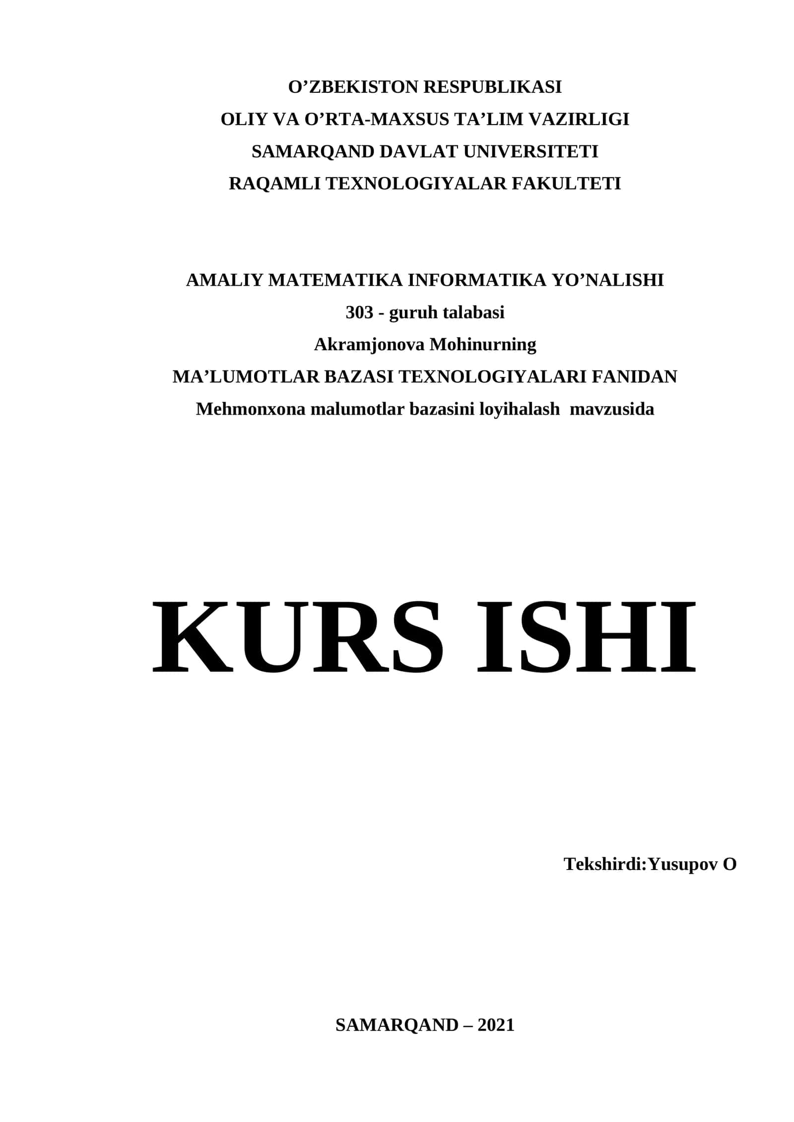 Mehmonxona malumotlar bazasini loyihalash mavzusida