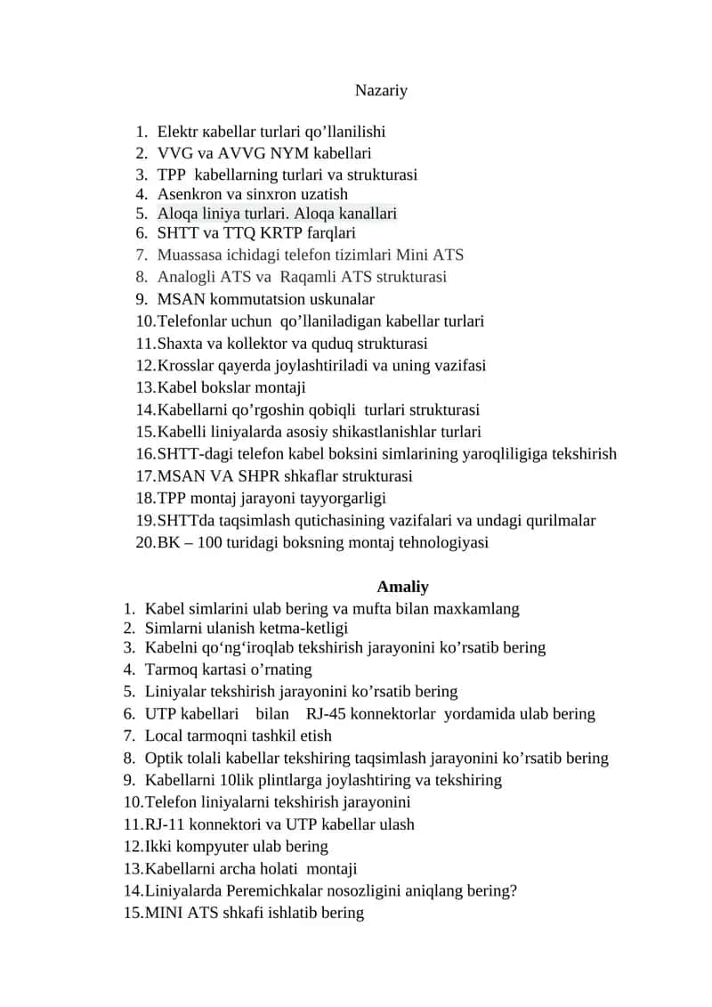 Elektr kabellar turlari qo’llanilishi
