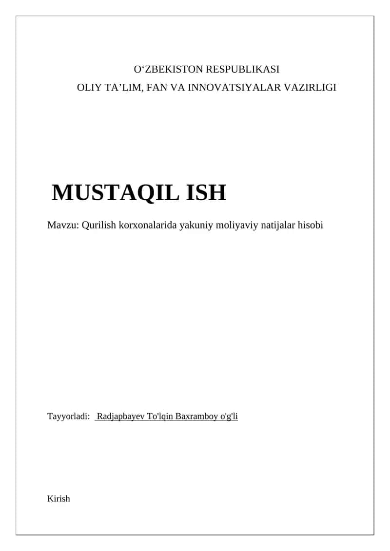 Qurilish korxonalarida yakuniy moliyaviy natijalar hisobi