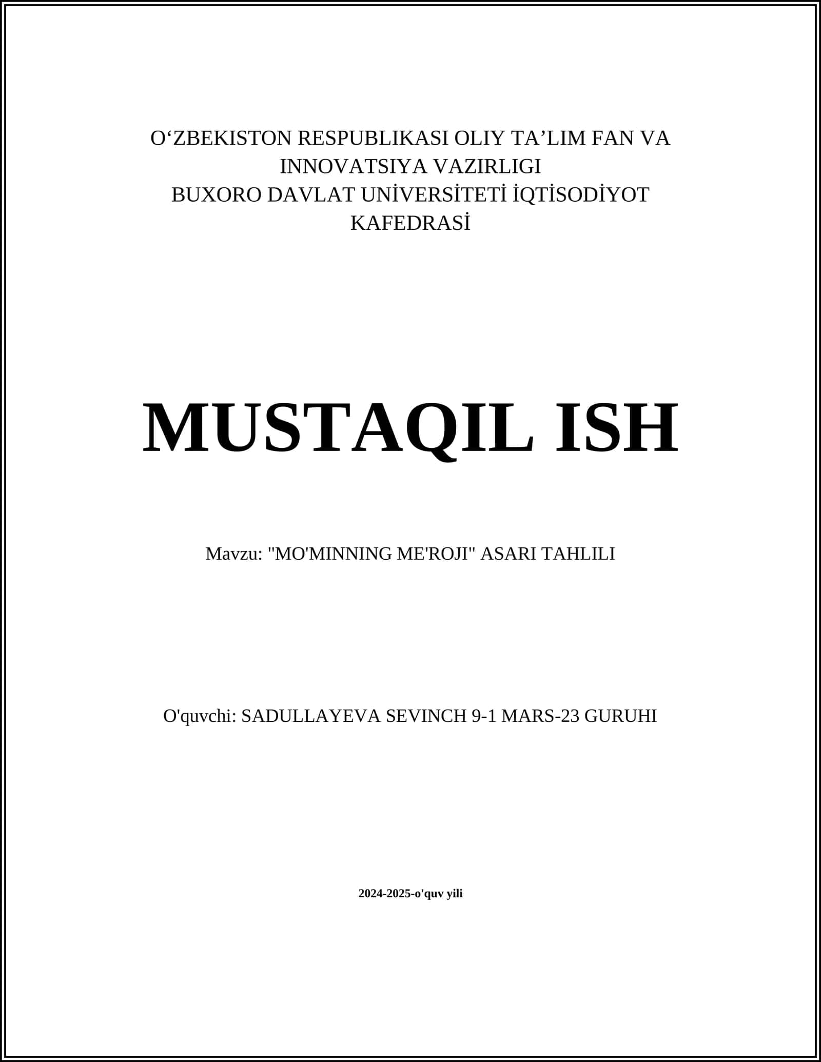 "MO'MINNING ME'ROJI" ASARI TAHLILI