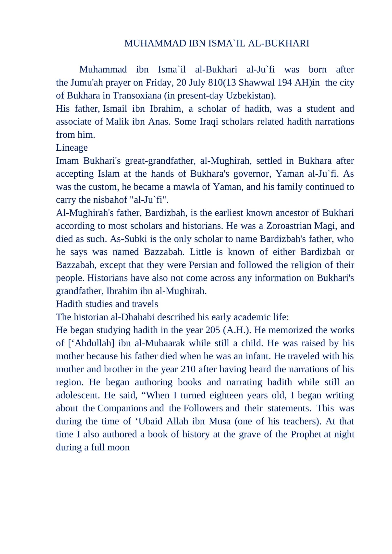 MUHAMMAD IBN ISMA`IL AL-BUKHARI
