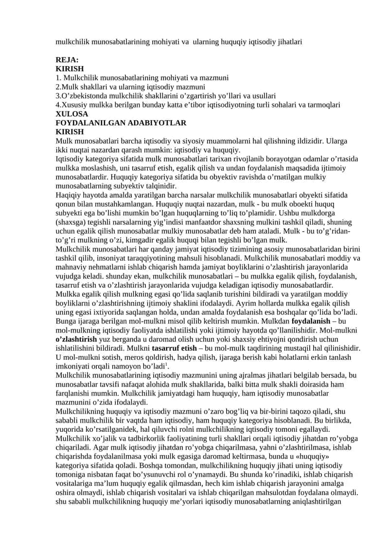 Mulkchilik munosabatlari va ularning huquqiy iqtisodiy jihatlari