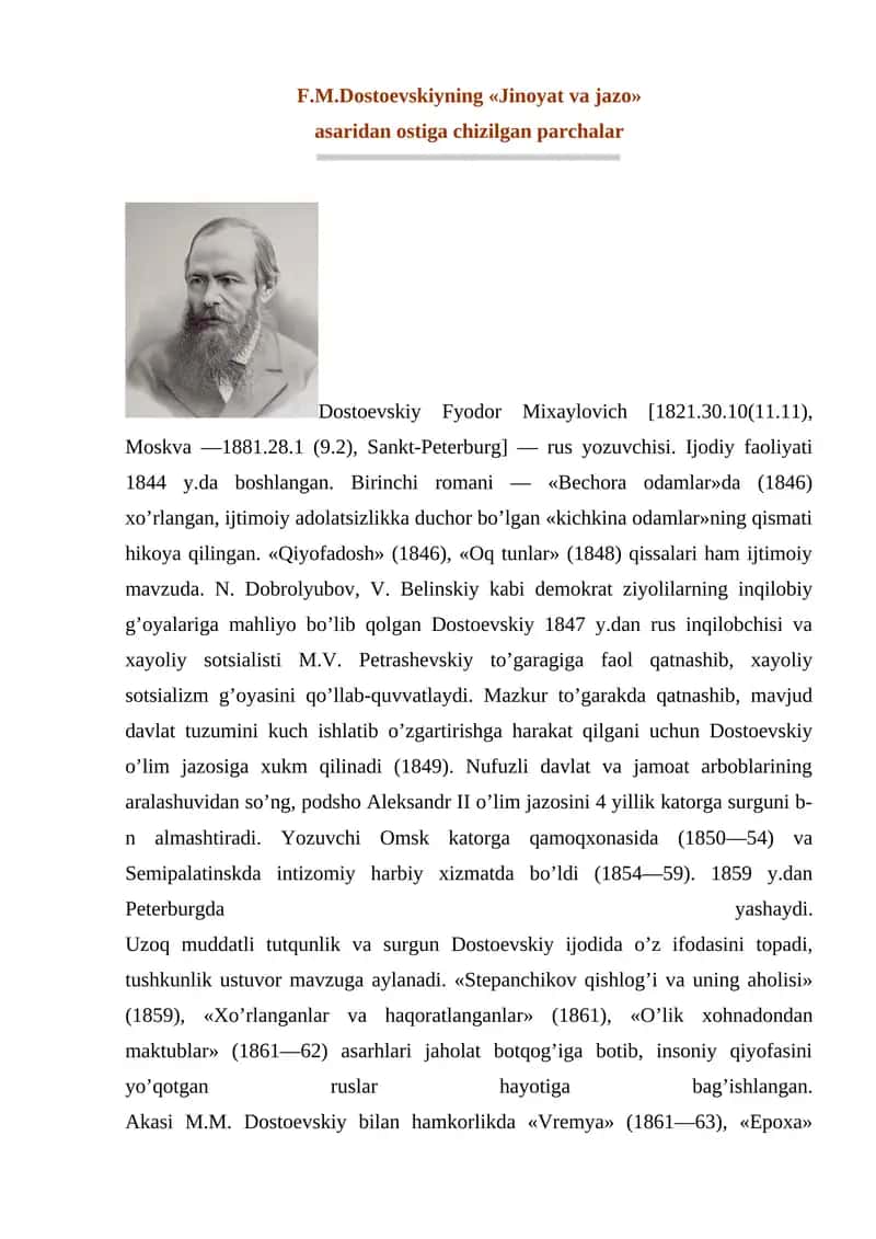 F.M.Dostoevskiyning «Jinoyat va jazo»