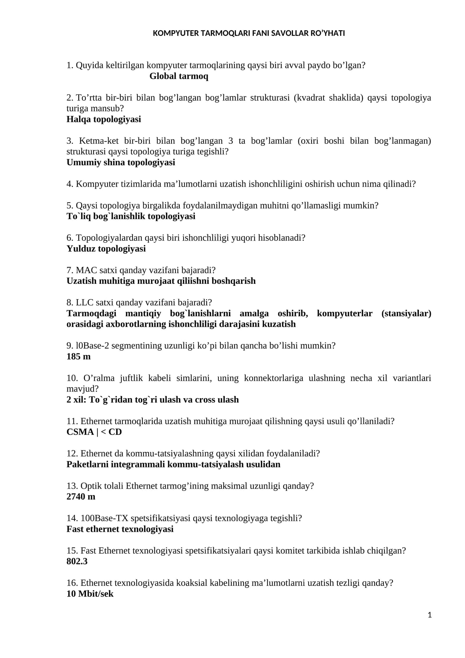 KOMPYUTER TARMOQLARI FANI SAVOLLAR RO’YHATI