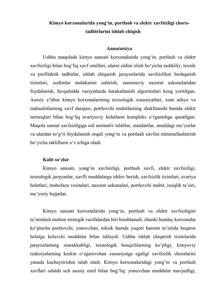 Kimyo korxonalarida yong‘in, portlash va elektr xavfsizligi chora-tadbirlarini ishlab chiqish