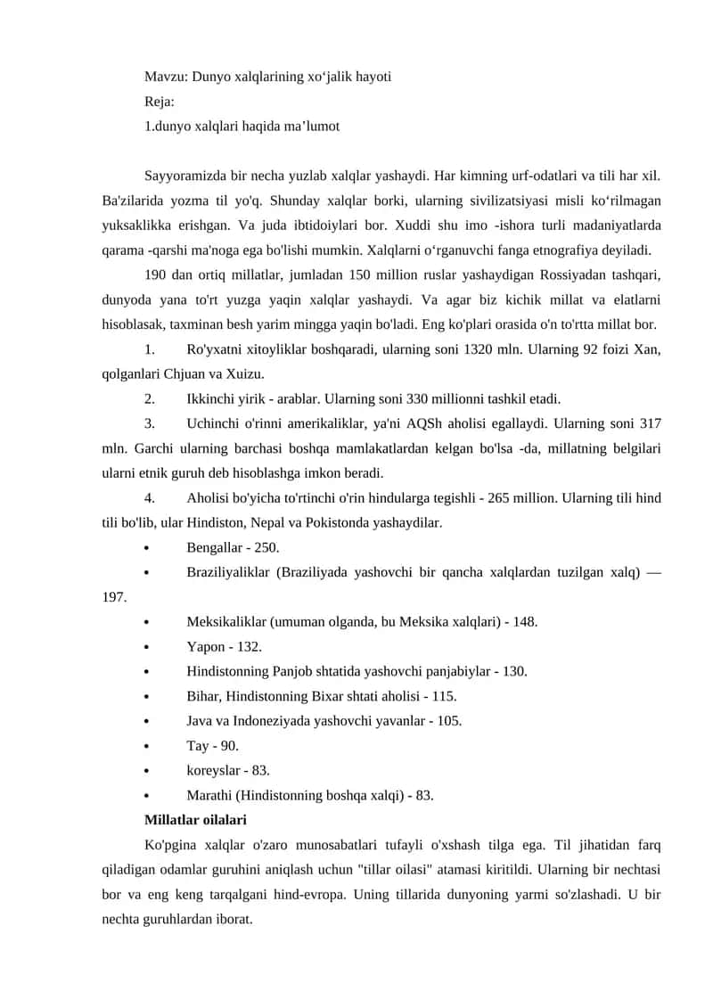 Dunyo xalqlarining xoʻjalik hayoti