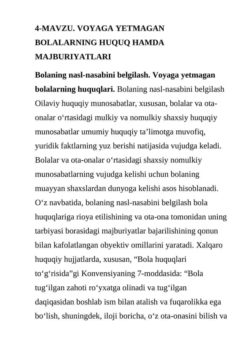 VOYAGA YETMAGAN BOLALARNING HUQUQ HAMDA MAJBURIYATLARI