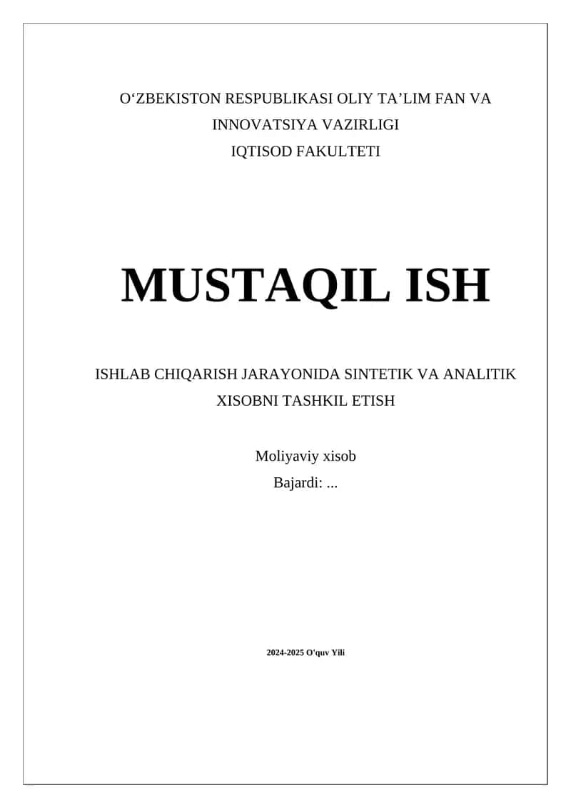 Sintetik va analitik xisob tashkil etish
