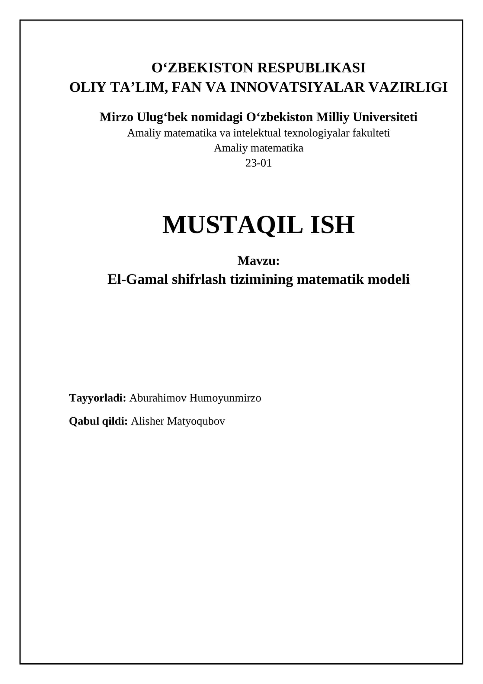 El-Gamal shifrlash tizimi: Asoslar va matematik model