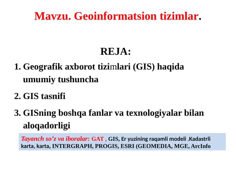 Mavzu. Geoinformatsion tizimlar.