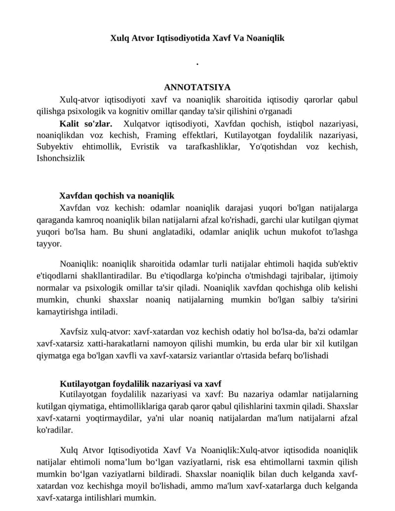 Xulq Atvor Iqtisodiyotida Xavf Va Noaniqlik