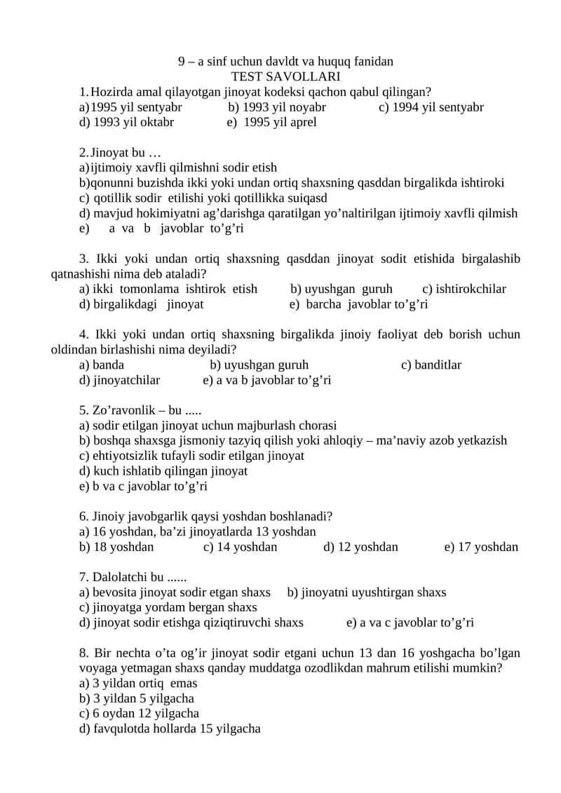 9 – a sinf uchun davldt va huquq fanidan