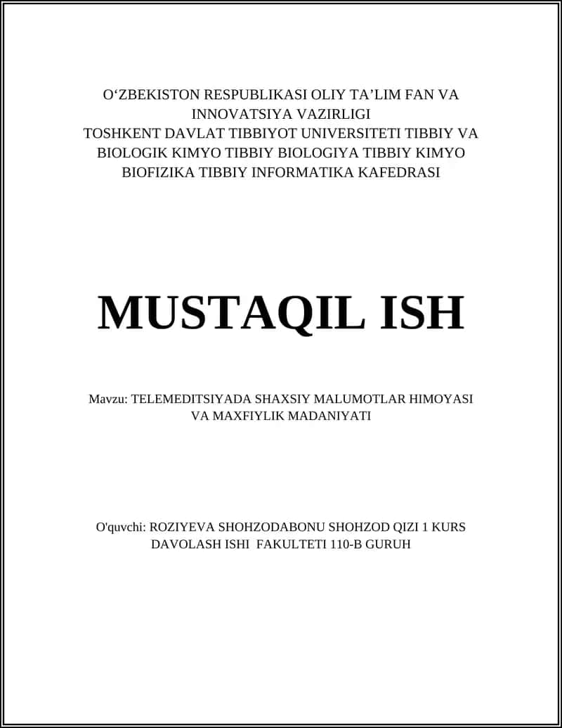 TELEMEDITSIYADA SHAXSIY MALUMOTLAR HIMOYASI VA MAXFIYLIK MADANIYATI