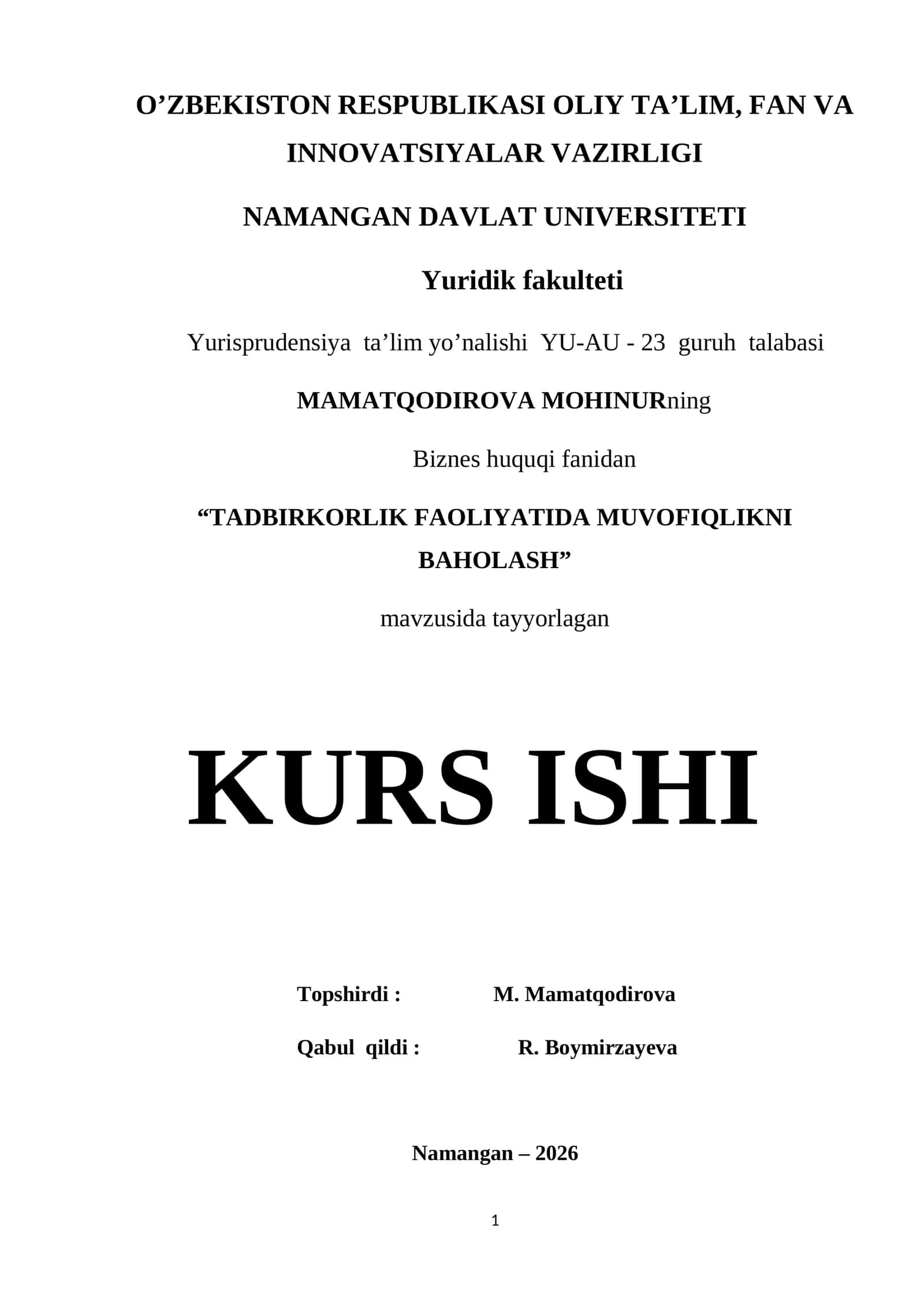 TADBIRKORLIK FAOLIYATIDA MUVOFIQLIKNI BAHOLASH