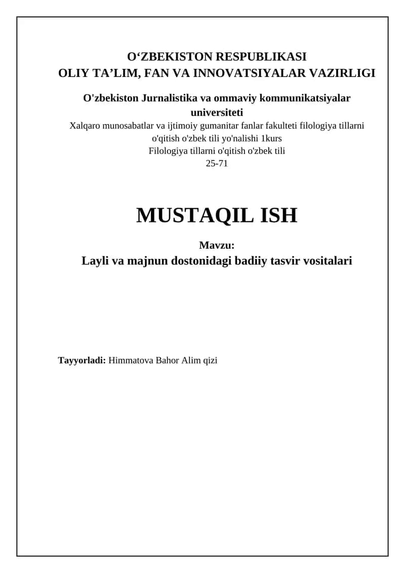 Layli va Majnun dostonidagi badiiy tasvir vositalari