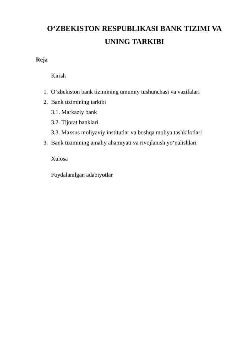 OʻZBEKISTON RESPUBLIKASI BANK TIZIMI VA UNING TARKIBI